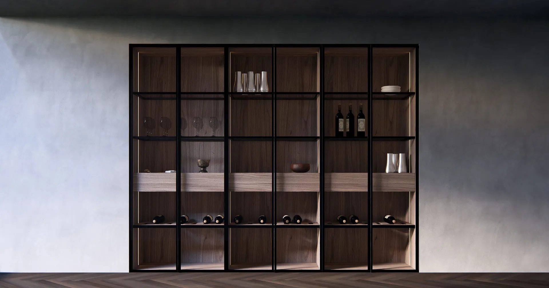 Cantinetta in legno rovere chiaro, telaio in alluminio nero opaco con cassetti e ripiani in vetro e portavino