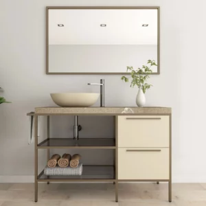 Mobile bagno con cassetti, ripiani in vetro, telaio in alluminio oro des