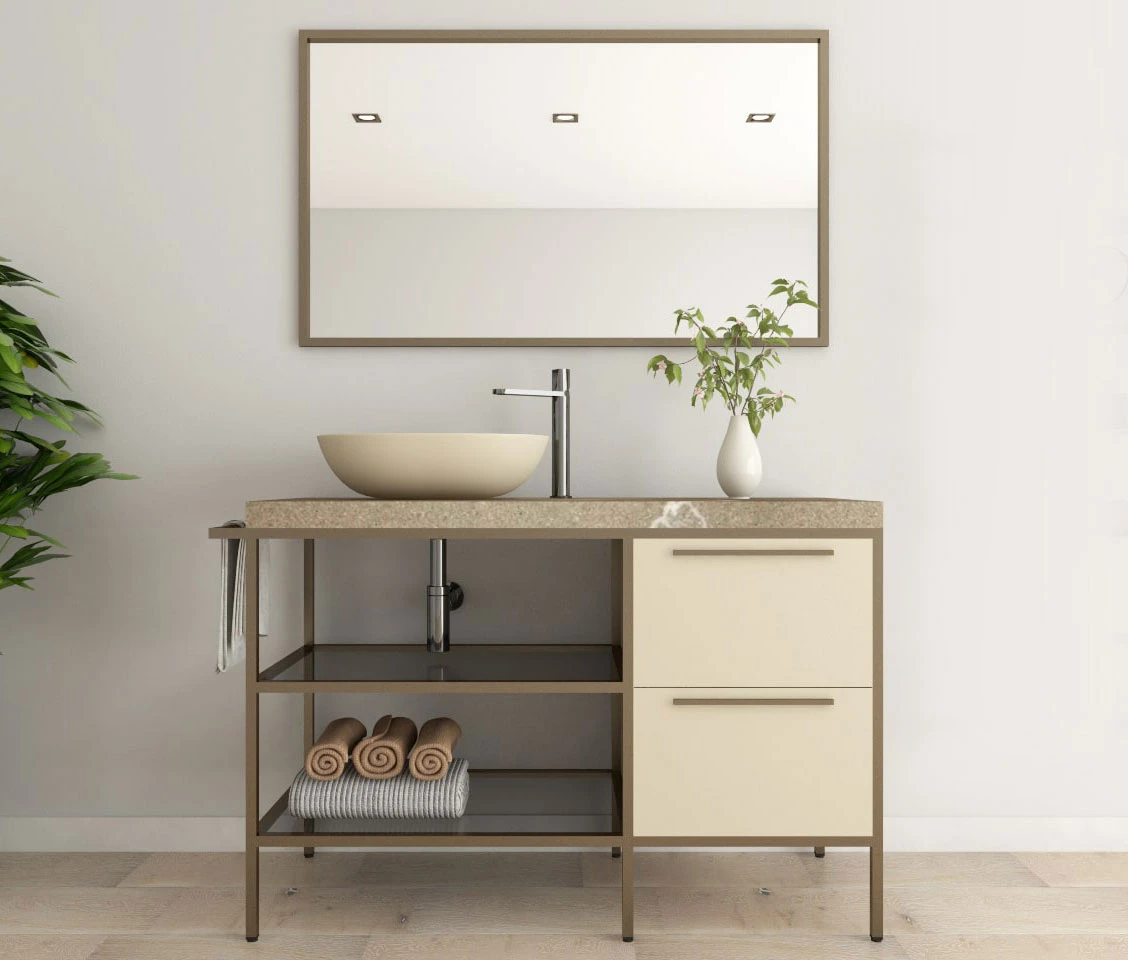 Mobile bagno con cassetti, ripiani in vetro, telaio in alluminio oro des