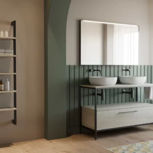 Mobile bagno con doppio lavelo, cassettone e telaio in alluminio nero opaco. Mensole in legno sopese a muro con telaio in alluminio nero opaco