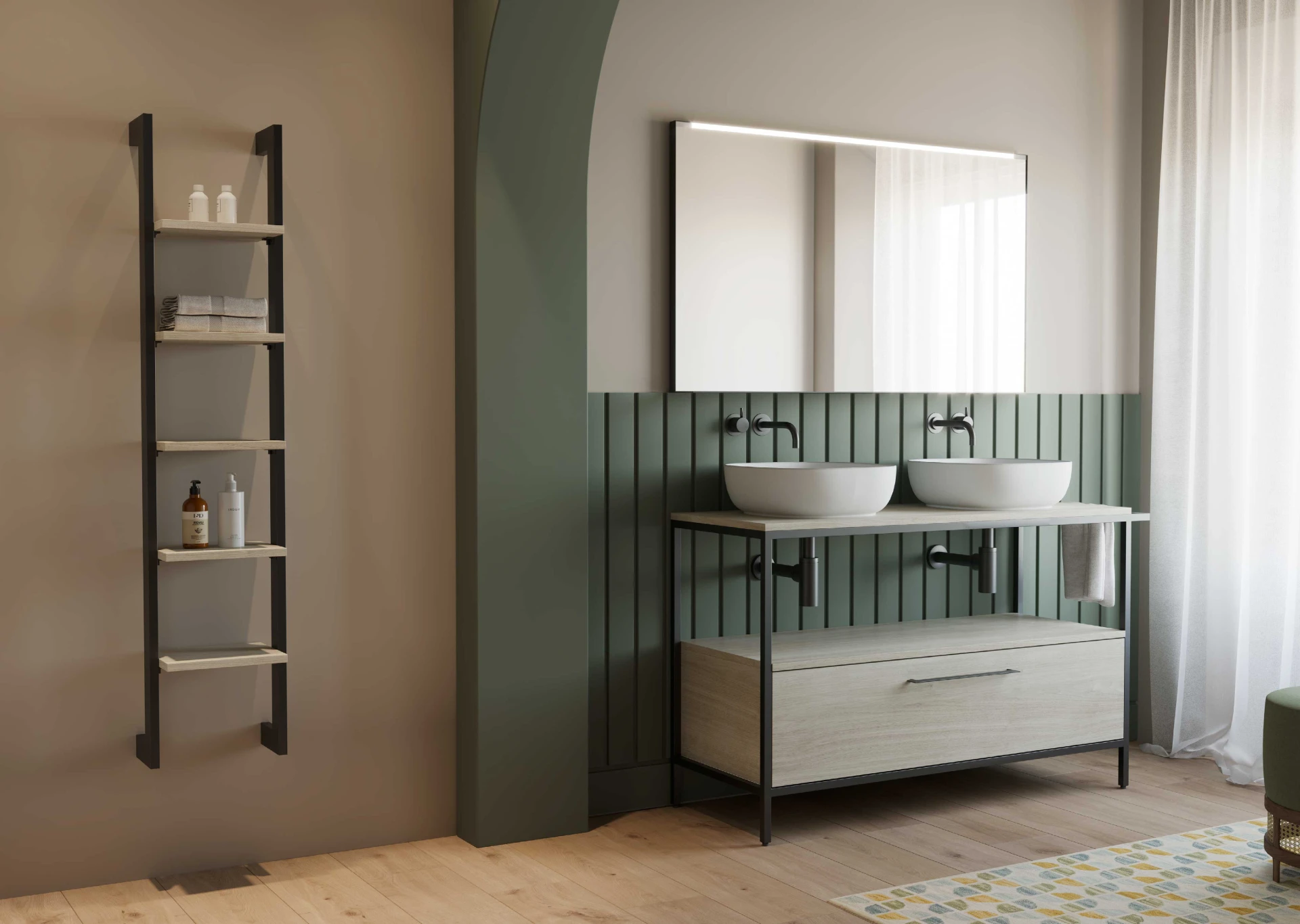 Mobile bagno con doppio lavelo, cassettone e telaio in alluminio nero opaco. Mensole in legno sopese a muro con telaio in alluminio nero opaco