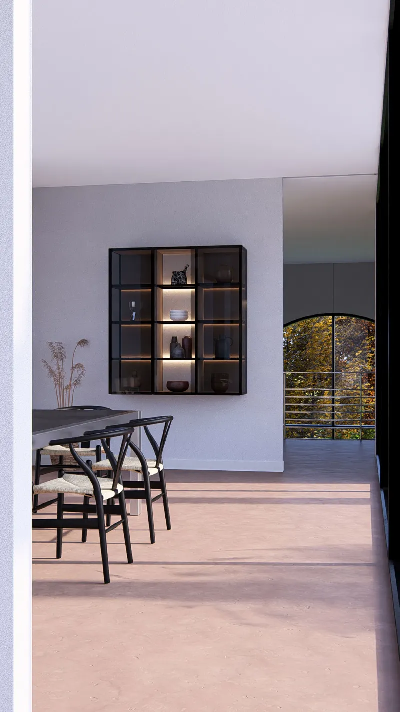 Pensile sospeso con ante in vetro stopsol e telaio bronzo in alluminio. Schiena nocciola e ripiani noce adige con illuminazione duplex