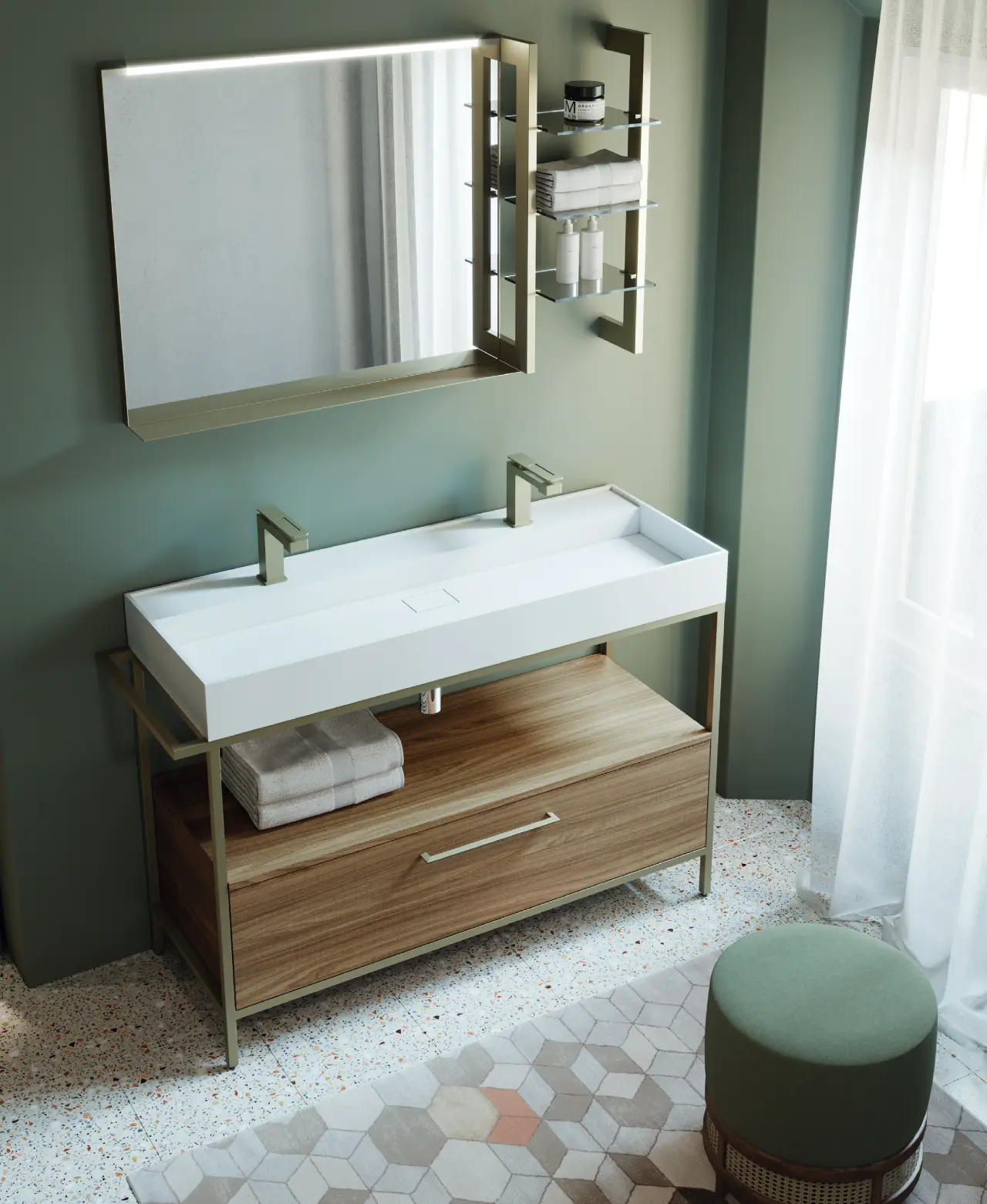 Struttura bagno con doppio lavello, telaio in alluminio Oro Des